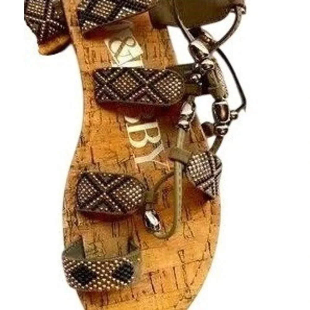 Bronze Beaded Lace Up‎ Gladiator Sandals Boho Festival Strappy Flat Cork Footbed